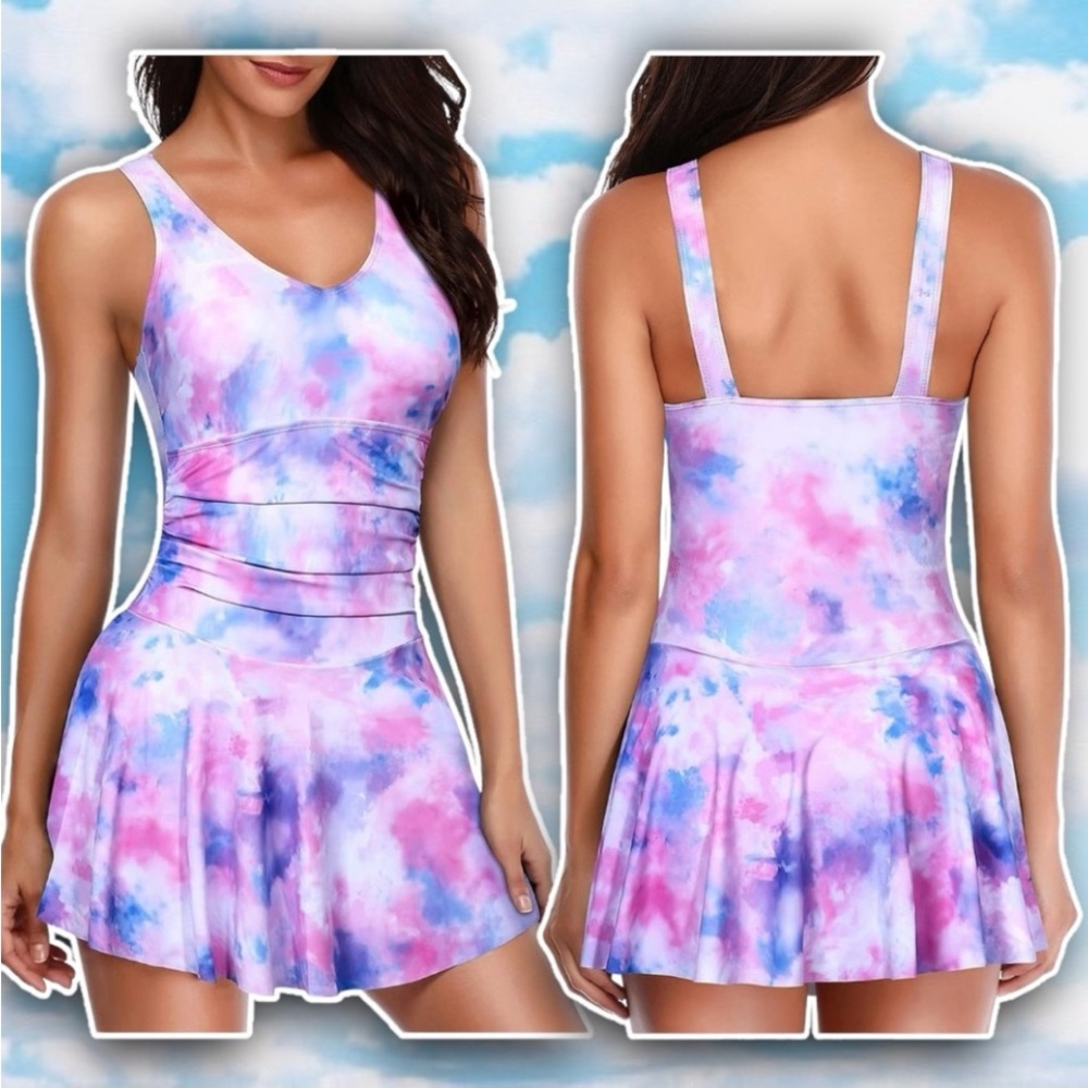 NWOT YONIQUE Tie Dye Swim Dress Bathing Suit Cotton Candy Pastel Unicorn Galaxy